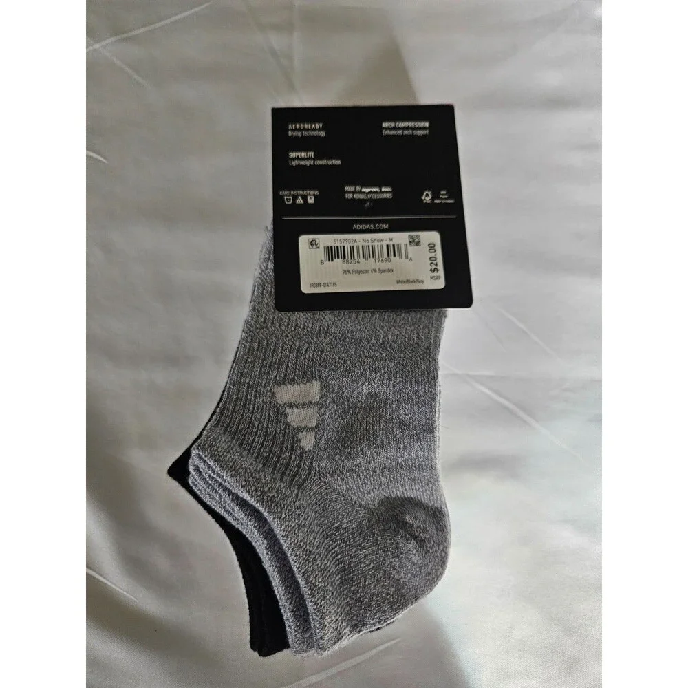 Adidas Womens No Show Socks 6 Pairs‎ Black White Gray Superlite Compression 5-10
